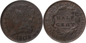 1809/'6' Classic Head Half Cent. C-5. Rarity-1. 9/Inverted 9. EF-40 (PCGS). OGH Generation 3.1.
PCGS# 1126. NGC ID: CZEZ.

Estimate: $275