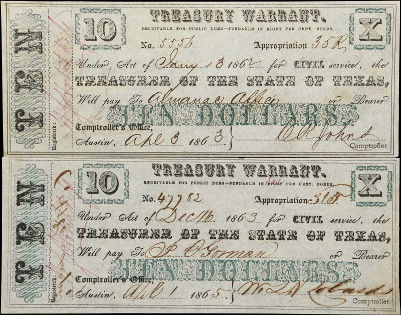 Lot of (2) Austin, Texas. Treasurer of the State of Texas. Treasury Warrants. 18...
