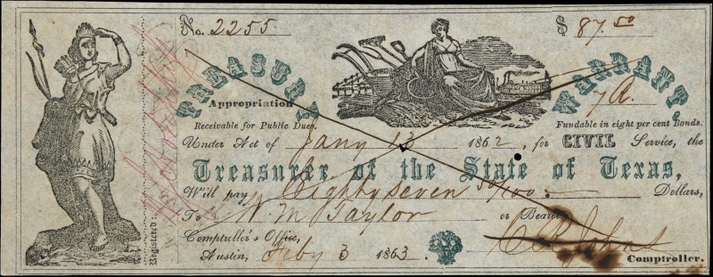 Austin, Texas. Treasurer of the State of Texas. Treasury Warrant. 1862 $87.50. A...