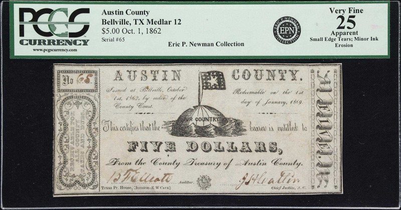 Bellville, Texas. Austin County. 1862 $5. PCGS Currency Very Fine 25 Apparent. S...
