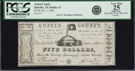 Bellville, Texas. Austin County. 1862 $5. PCGS Currency Very Fine 25 Apparent. Small Edge Tears; Minor Ink Erosion.
No. 65. Evenly circulated with so...
