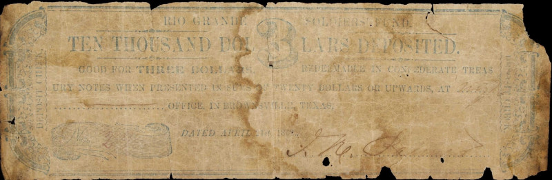 Brownsville, Texas. Rio Grande Soldiers Fund. 1862 $3. Very Good.
No. 27? Excee...