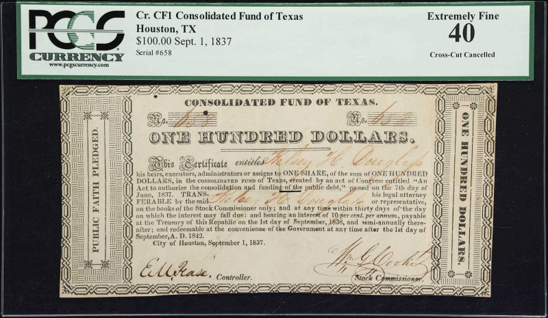 Houston, Texas. Consolidated Fund of Texas. 1837 $100. PCGS Currency Extremely F...