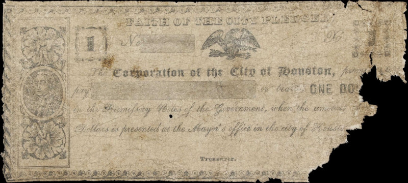 Houston, Texas. Corporation of the City of Houston. ND $1. Very Good.
No. Faded...