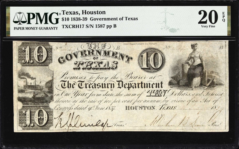 Houston, Texas. Government of Texas. 1839 $10. PMG Very Fine 20 EPQ.
No. 1587. ...