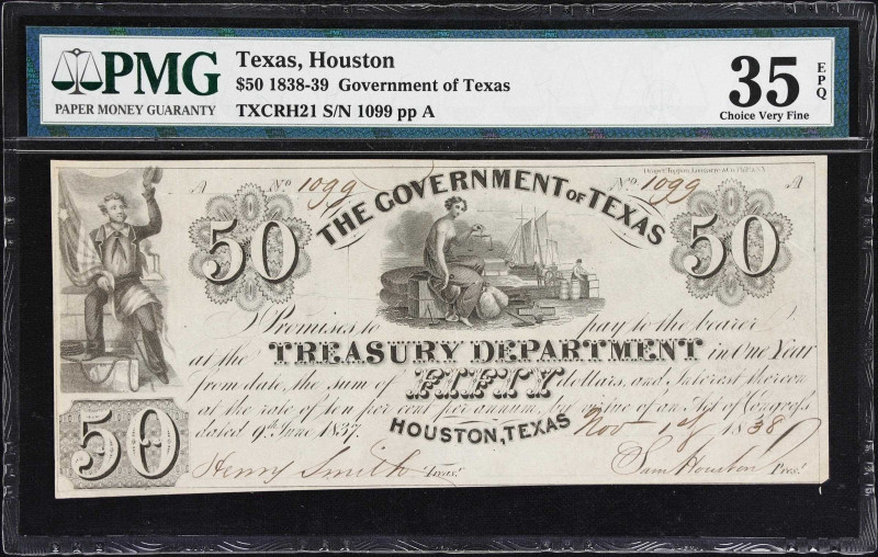 Houston, Texas. Government of Texas. 1838 $50. PMG Choice Very Fine 35 EPQ.
No....