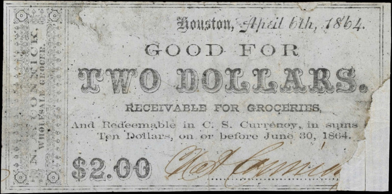 Houston, Texas. N.A. Connick, Wholesale Grocer. 1864 $2. Fine to Very Fine.
No....