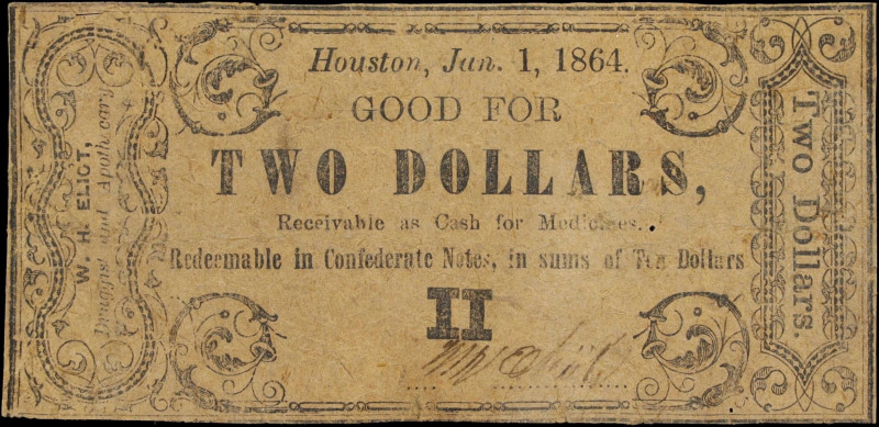 Houston, Texas. W.H. Eliot. 1864 $2. Fine.
No. None. A well-circulated scrip no...
