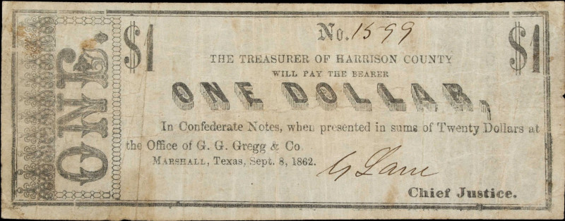 Marshall, Texas. Treasurer of Harrison County. 1862 $1. Fine.
No. 1599. Hailing...
