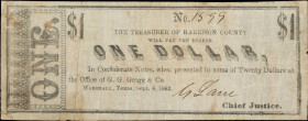 Marshall, Texas. Treasurer of Harrison County. 1862 $1. Fine.
No. 1599. Hailing from East Texas just across the border from Louisiana. Scrip notes fr...