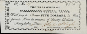 Nacogdoches, Texas. Treasurer of Nacogdoches County. 1862 $5. Choice Uncirculated.
No. 317. Plate B. Fully margined and rather eye appealing compared...