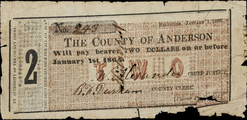 Palestine, Texas. County of Anderson. 1863 $2. Fine.
No. 243. A rarity from And...