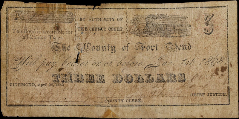 Richmond, Texas. County of Fort Bend. 1863 $3. Very Good.
No. 127? Well-circula...