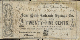 Sour Lake Volcanic Springs, Texas. Sour Lake Volcanic Springs Company. 1862 25 Cents. Very Good.
No. 628. An evenly circulated scrip note attributabl...