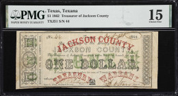 Texana, Texas. Treasurer of Jackson County. 1862 $1. PMG Choice Fine 15.
No. 44. Extremely rare and seldom offered. Just a tiny handful of offerings ...
