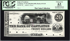 Castleton, Vermont. Bank of Castleton. 18xx $20. PCGS Currency Choice New 63 Apparent. Small Repaired Tears. Hole Punch Cancelled. Proof.
Plate A. Da...