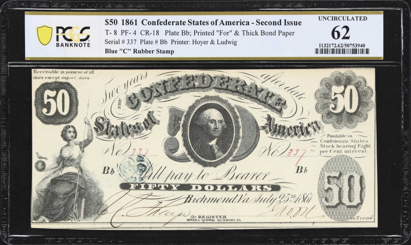 T-8. Confederate Currency. 1861 $50. PCGS Banknote Uncirculated 62.
No. 337. Pl...
