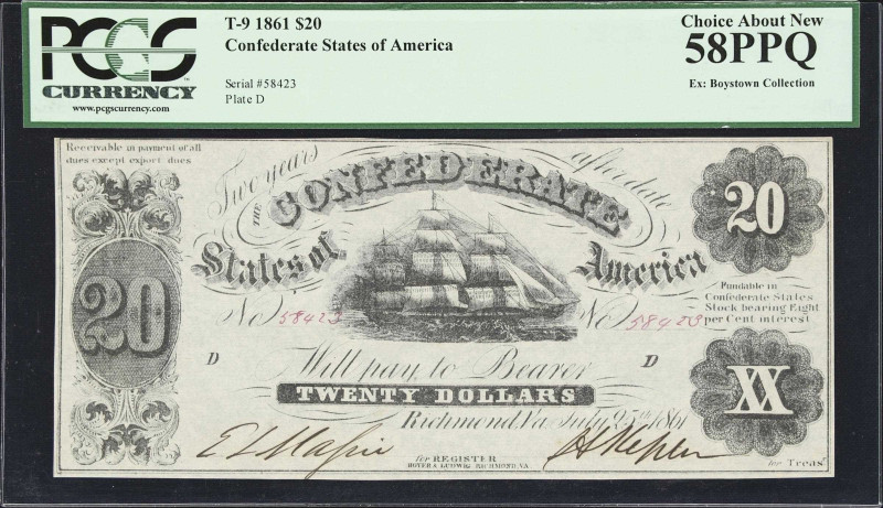 T-9. Confederate Currency. 1861 $20. PCGS Currency Choice About New 58 PPQ.
No....