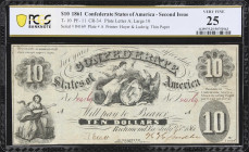 T-10. Confederate Currency. 1861 $10. PCGS Banknote Very Fine 25.
No. 8419. Plate A. A fairly scarce product of Hoyer & Ludwig. This $10 does well to...