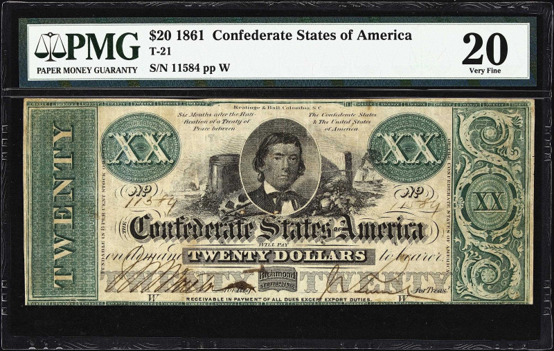 T-21. Confederate Currency. 1861 $20. PMG Very Fine 20.
No. 11584. Plate W. A w...