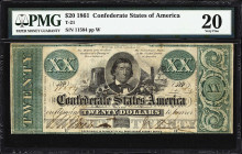 T-21. Confederate Currency. 1861 $20. PMG Very Fine 20.
No. 11584. Plate W. A well-made product of Keatinge & Ball. A portrait of Vice President Alex...