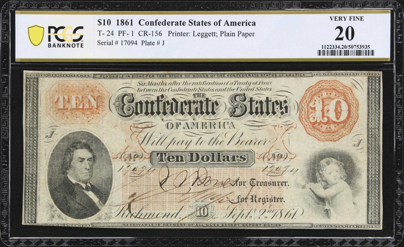 T-24. Confederate Currency. 1861 $10. PCGS Banknote Very Fine 20.
No. 17094. Pl...