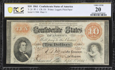 T-24. Confederate Currency. 1861 $10. PCGS Banknote Very Fine 20.
No. 17094. Plate J. A seldom-seen design that offers a great degree of color and de...