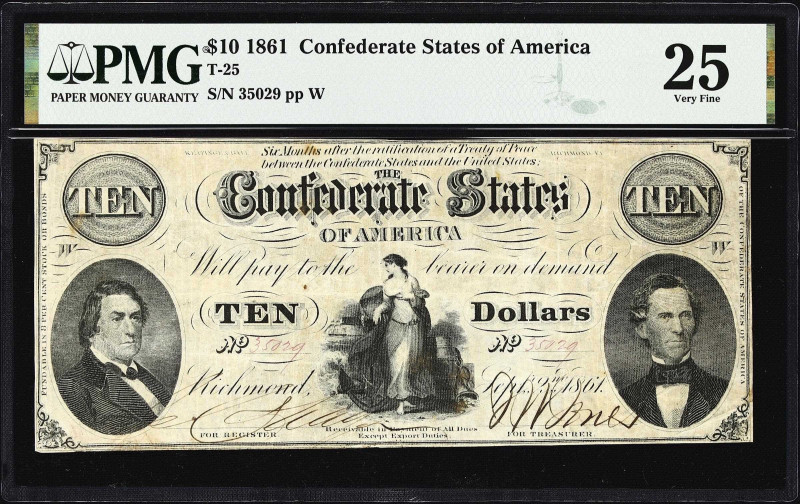 T-25. Confederate Currency. 1861 $10. PMG Very Fine 25.
No. 35029. Plate W. Kea...