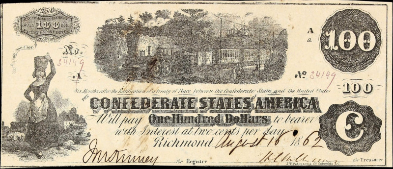 T-40. Confederate Currency. 1862 $100. Very Fine to Extremely Fine. Trans-Missis...