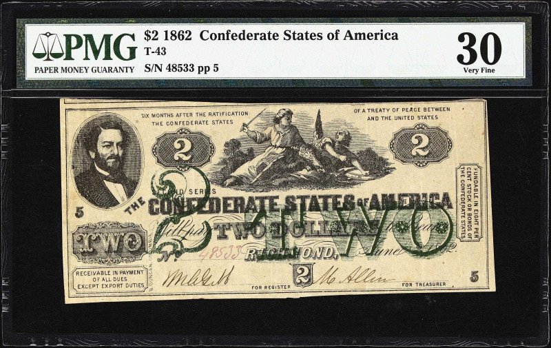 T-43. Confederate Currency. 1862 $2. PMG Very Fine 30.
No. 48533. Plate 5. Port...