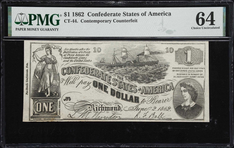 CT-44. Confederate Currency. 1862 $1. PMG Choice Uncirculated 64. Contemporary C...