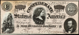 T-65. Confederate Currency. 1864 $100. Choice Uncirculated.
No. 67652. Plate B. A very attractive and arguably fortunate example of this popular deno...
