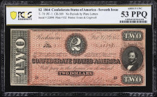 T-70. Confederate Currency. 1864 $2. PCGS Banknote About Uncirculated 53 PPQ.
No. 22898. Plate D2. A lightly handled example of the third-lowest deno...