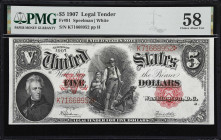 Fr. 91. 1907 $5 Legal Tender Note. PMG Choice About Uncirculated 58.
Offering testament to only the barest hint of circulation. This note represents ...