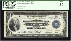 Fr. 734. 1918 $1 Federal Reserve Bank Note. Minneapolis. PCGS Currency Fine 15.
A highly attractive example of a popular design from a better distric...