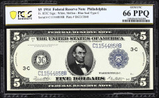 Fr. 855c. 1914 $5 Federal Reserve Note. Philadelphia. PCGS Banknote Gem Uncirculated 66 PPQ.
A rarity at this level of preservation. This is one of t...