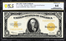 Fr. 1173. 1922 $10 Gold Certificate. PCGS Banknote Choice Uncirculated 64.
A vibrant offering of uncommon quality for an otherwise common note. With ...