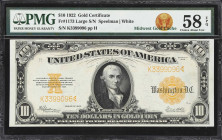Fr. 1173. 1922 $10 Gold Certificate. PMG Choice About Uncirculated 58 EPQ.
A vivid offering of uncommon quality for an otherwise common note. With st...