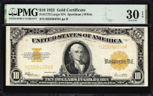 Fr. 1173. 1922 $10 Gold Certificate. PMG Very Fine 30 EPQ.
A lightly circulated and wholly original example of this popular type and denomination whi...