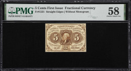 Fr. 1231. 5 Cents. First Issue. PMG Choice About Uncirculated 58.
Light circulation is noticed on this desirable No Monogram note. PMG comments "Nice...