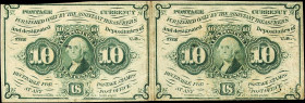 Uncut Pair of Fr. 1242. 10 Cents. First Issue. Very Fine.
An uncut pairing of First Issue fractionals that shows signs of handling and technical circ...