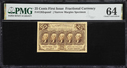 Fr. 1282spnmf. 25 Cents. First Issue. PMG Choice Uncirculated 64. Narrow Margins Specimen.
A Choice Uncirculated First Issue fractional specimen that...