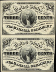 Uncut Pair of Fr. 1226. 3 Cents. Third Issue. Choice About Uncirculated.
An uncut pairing of Third Issue fractionals that shows only the faintest tra...