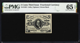 Fr. 1238. 5 Cents. Third Issue. PMG Gem Uncirculated 65 EPQ.
Featuring a portrait of Spencer M. Clark; Clark's depiction would end the practice of pl...
