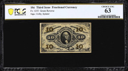 Fr. 1255. 10 Cents. Third Issue. PCGS Banknote Choice Uncirculated 63.
Toned with age along with subtle evidence of a past mounting; this Third Issue...
