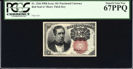 Fr. 1266. 10 Cents. Fifth Issue. PCGS Currency Superb Gem New 67 PPQ.
Uncommon at this level of preservation. Granted "rare" is arguably more apt. Th...
