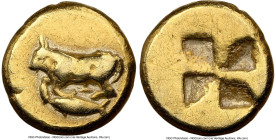 MYSIA. Cyzicus. Ca. 550-450 BC. EL 1/24 stater or myshemihecte (7mm, 0.62 gm). NGC Choice Fine 5/5 - 3/5, brushed. Bull kneeling left on tunny fish le...
