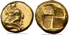 MYSIA. Cyzicus. Ca. 450-350 BC. EL 1/12 stater (8mm, 1.30 gm). NGC Choice VF 4/5 - 3/5, brushed. Male figure (Odysseus or Phrixus?) kneeling left, wea...