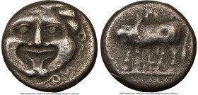MYSIA. Parium. Ca. 4th century BC. AR hemidrachm (12mm, 5h). NGC VF. Head of gorgoneion facing, tongue protruding below upper row of teeth, coiled sna...