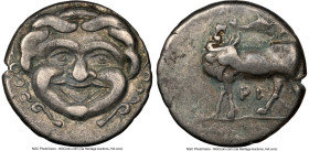 MYSIA. Parium. Ca. 4th century BC. AR hemidrachm (13mm, 12h). NGC VF. Head of Gorgoneion facing, tongue protruding below upper row of teeth, coiled sn...